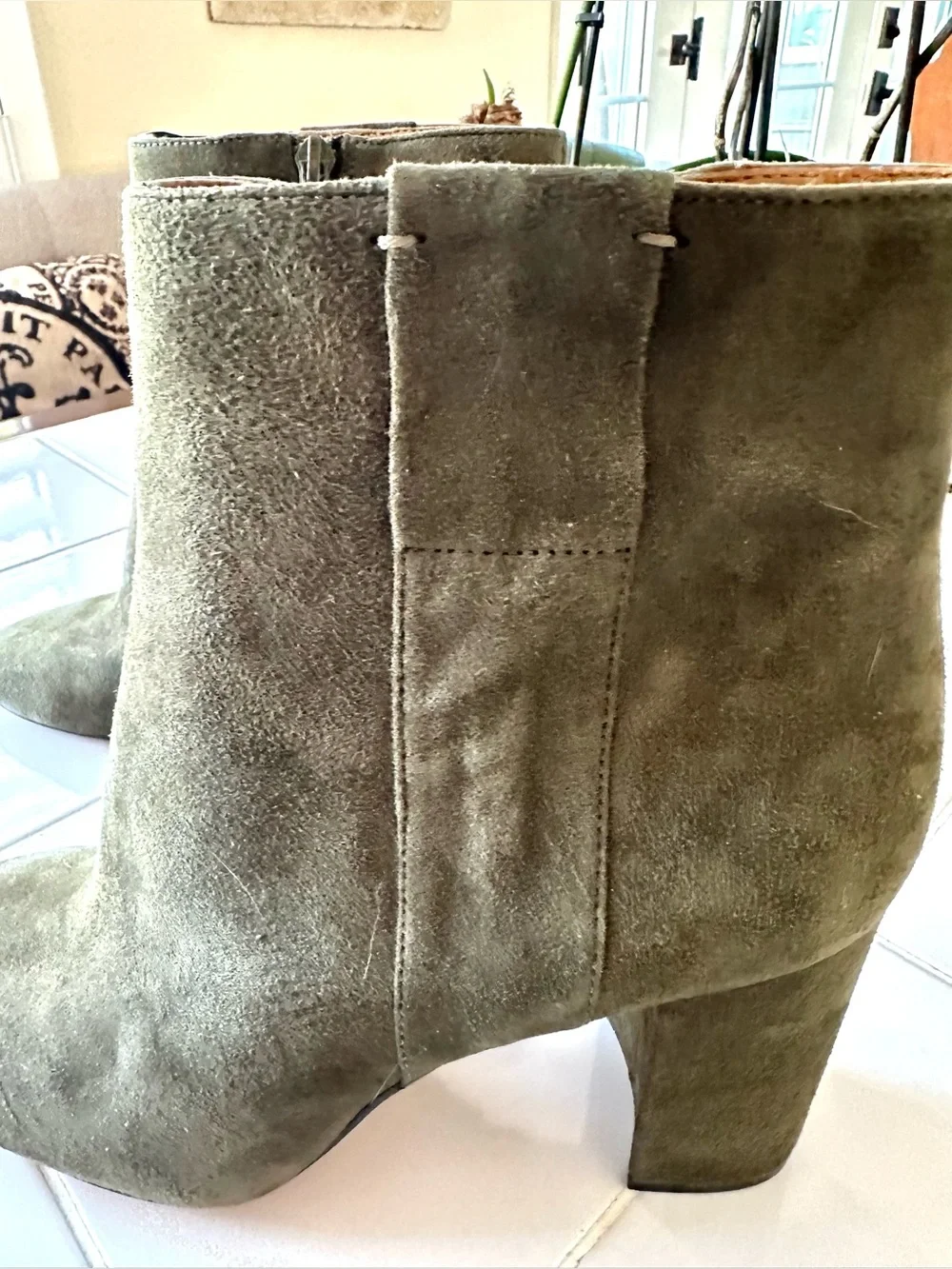 Nine West Olive Green Suede Leather Ankle Boots 9M Block Heel